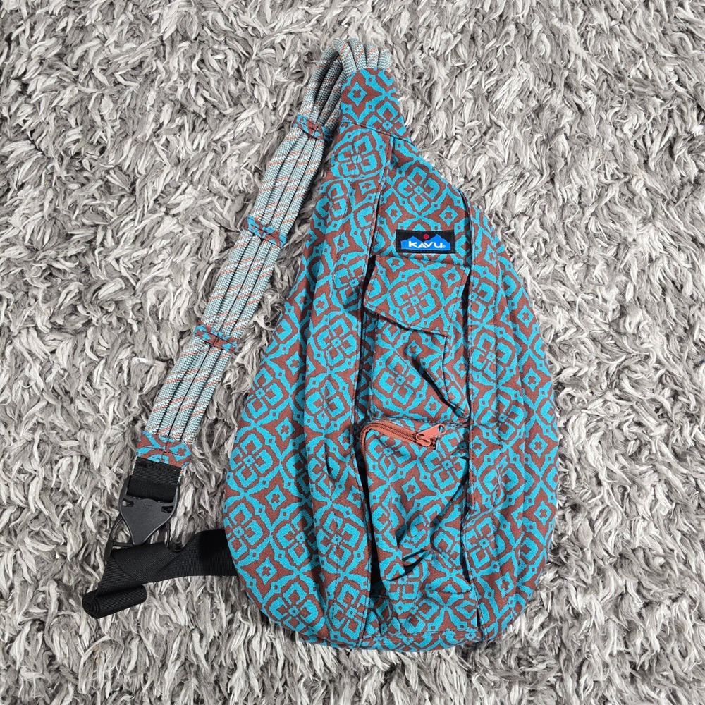 KAVU Rope Bag Sling Backpack Blue Rust Geometric Canvas Crossbody Shoulder Bag